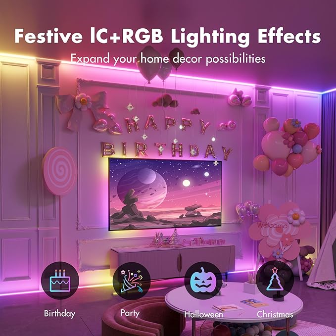 Led Lights for Bedroom 66FT Smart IC+RGB, Music Sync Color Changing Strip Lights, 24Key Remote+App Control Light Strip for BedHead,Underbed,Ceiling,Background Wall