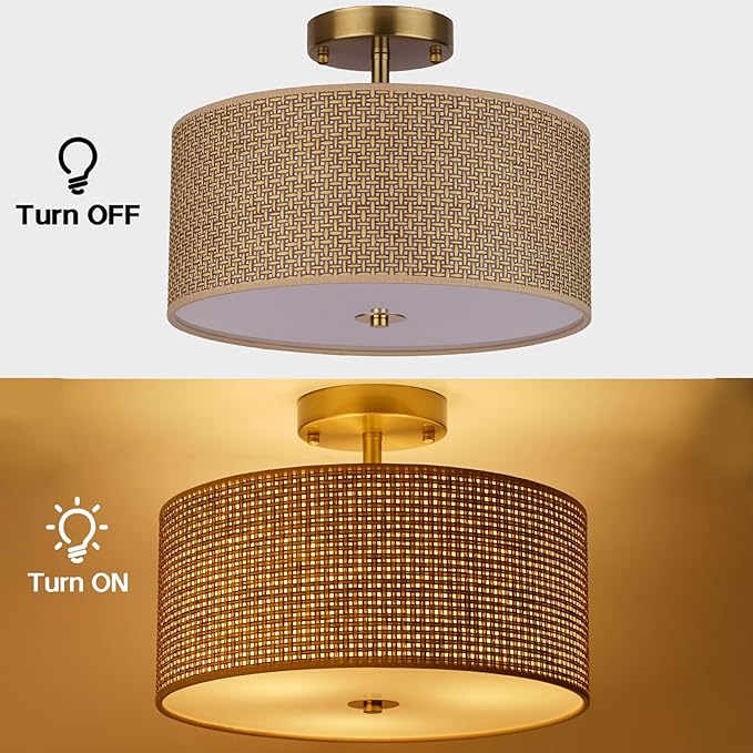 13" Woven Rattan Boho Ceiling Light Fixture, 3-Light Modern Semi Flush Mount Lamp with Drum Fabric Shade, Rustic Brown Lighting for Bedroom, Dining Room, Living Room, Hallway, Entryway