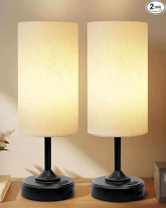 Wireless Lamp, 2-Pack, Ambient Light, Dimmable, 2700K, Timer, Touch Control, Portable, LED, Battery Operated, Rechargeable, Cordless, Desk Lamp, Kitchen Lamp, Fabric Shade, for Bedroom, Living Room