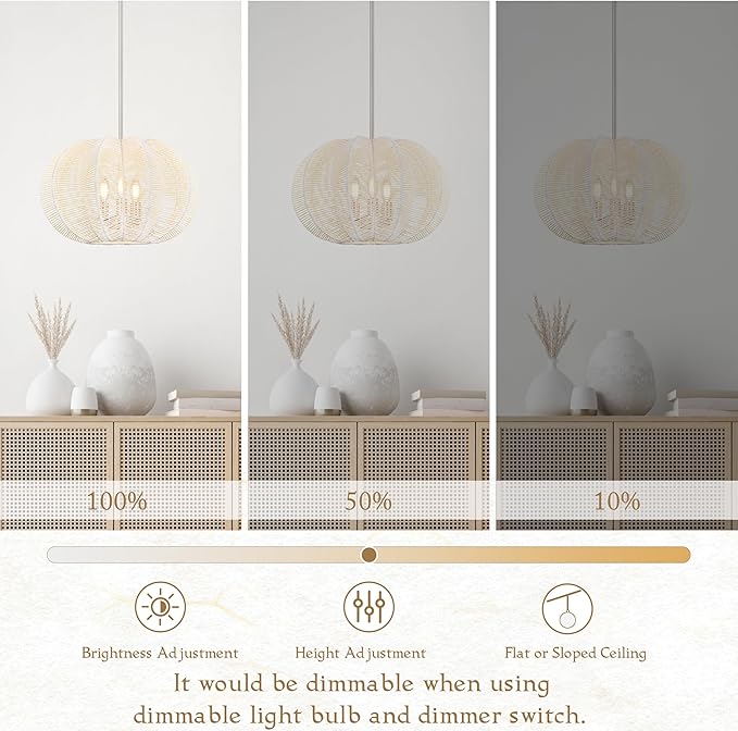 17.7 Inch Rattan Pendant Light White Hemp Rope Rattan Light Fixture Wicker Chandelier Woven Pendant 3-Light Boho Chandelier for Kitchen Island
