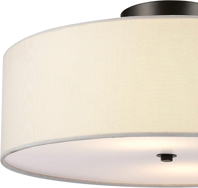 Globe Electric 60315 2-Light Flush Mount Ceiling Light, Dark Bronze Finish, White Linen Shade, Low Profile Drum Design, E26 Base, Dimmable