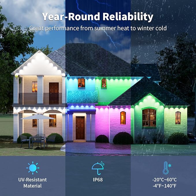 Permanent Outdoor Lights RGB 100FT/50LEDs Decor IP68 Waterproof Music Sync Eaves Lights with Remote&APP Control Suitable for Holiday Decoration Christmas Garden Party Decor Deck