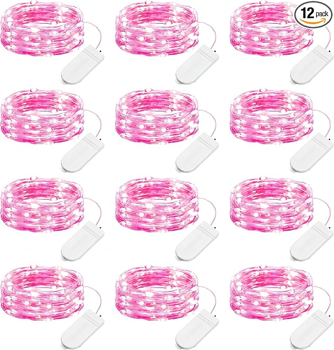 Brightown Valentine's Day 12 Pack Pink Led Fairy Lights Battery Operated String Lights Waterproof Silver Wire 7 Feet 20 Led Firefly Starry Moon Lights for DIY Wedding Party Bedroom