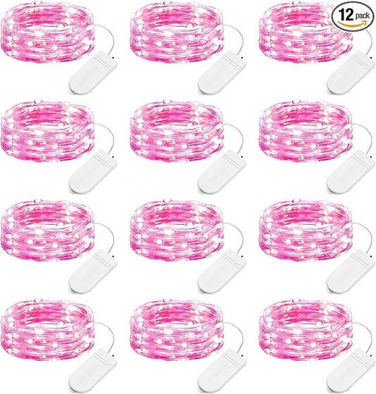 Brightown Valentine's Day 12 Pack Pink Led Fairy Lights Battery Operated String Lights Waterproof Silver Wire 7 Feet 20 Led Firefly Starry Moon Lights for DIY Wedding Party Bedroom