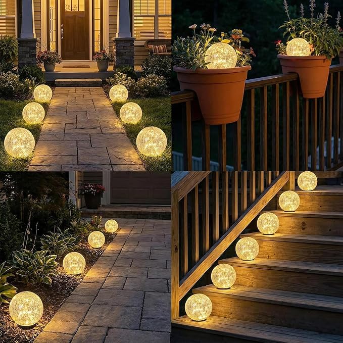 SyouHome Solar Garden Lights Outdoor Waterproof, 12 Pack | Cracked Glass Ball Light, Ground Landscape Garden Decor, Solar Globe Decorative for Pathway/Patio/Lawn/Yard