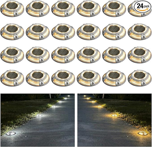 addlon Solar Driveway Lights Outdoor 24 Pack, 2 Color Modes LED Deck Dock Marine Waterproof Driveway Marker Lights for Step Sidewalk Stair Garden Pathway Walkway Yard (Warm White/Cool White)