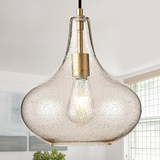 CATINER Handcrafted 11-Inch Mid-Century Modern Brass Gold Pendant Light with Seeded Glass Shade - Elegant Dining Room Pendant Light