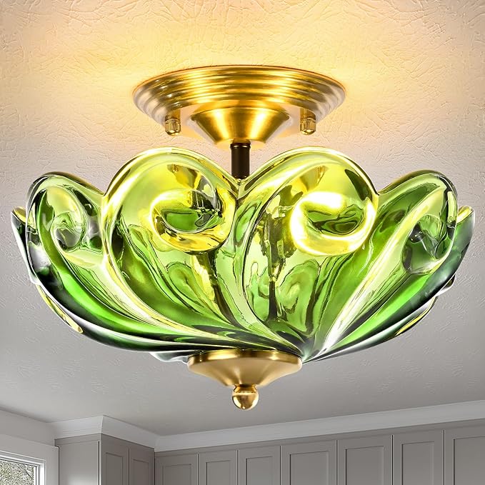 HuixuTe Modern Semi Flush Mount Ceiling Light, 3-Light Gold Close to Ceiling Light Fixture with Green Glass Shade for Living Room Entryway Bedroom