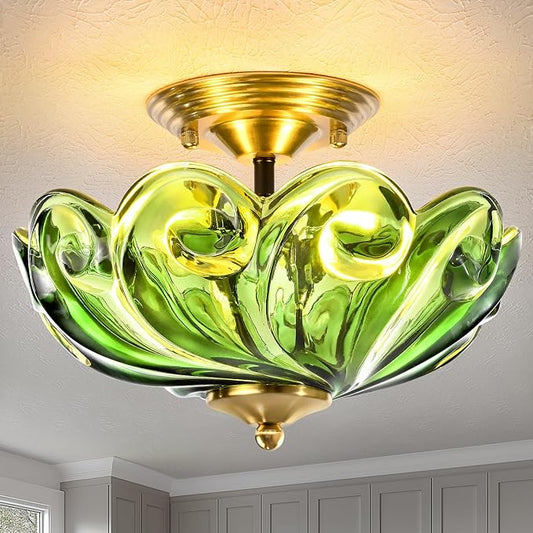 HuixuTe Modern Semi Flush Mount Ceiling Light, 3-Light Gold Close to Ceiling Light Fixture with Green Glass Shade for Living Room Entryway Bedroom