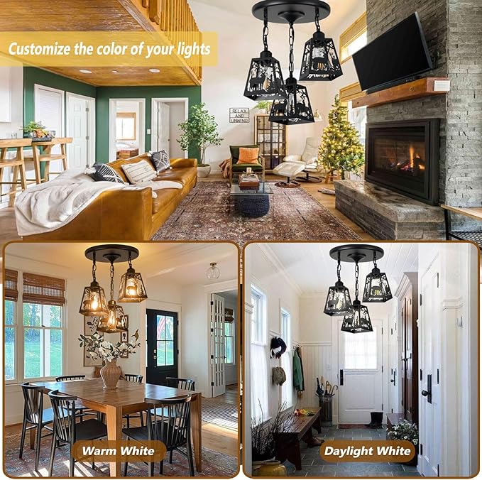 Farmhouse Rustic Ceiling Light Fixture,Black Metal Cage Pendant Lights Kitchen Island with Deer,Industrial Hanging Pendant Lighting for Dining Room Bedroom Entryway Hallway Foyer