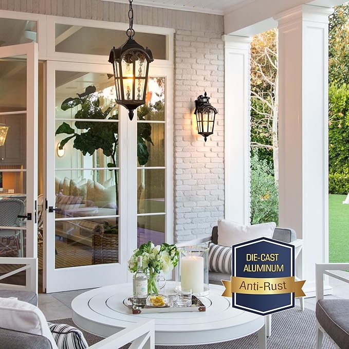 VIANIS Black Outdoor Pendant Light Lantern with Gold Trim, Outdoor Hanging Lights with Ripple Glass, Aluminum Outside Chandelier for Porch Waterproof and Anti-rust, Ceiling Fixtures for House Entryway