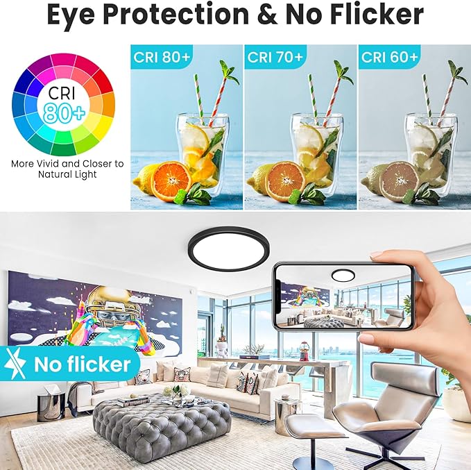 libtit 12 inch Flush Mount LED Ceiling Light Fixture, 3000K 4000K 6500K Adjustable, 28W 3200lm Black Round Lighting Fixtures for Bathroom Shower Hallway Kitchen