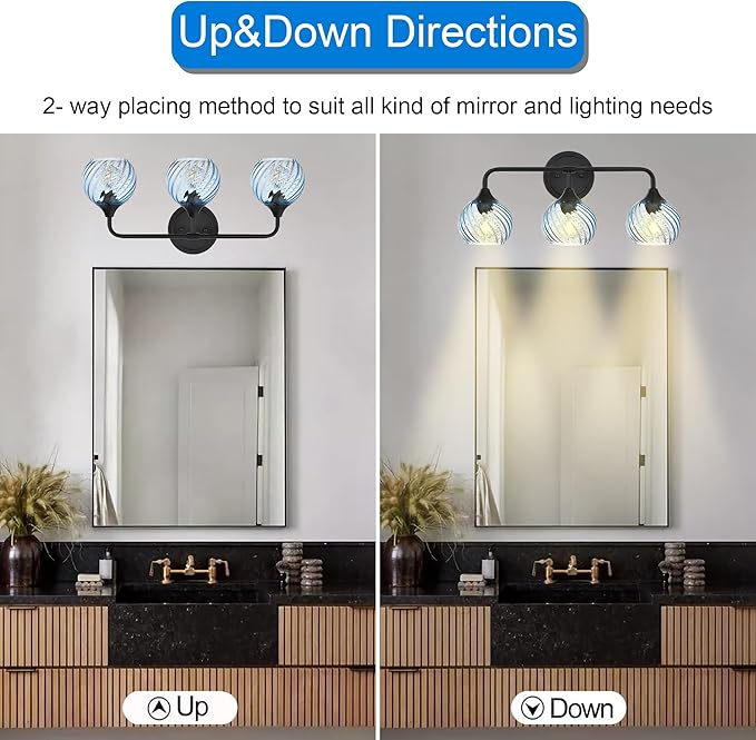 MELUCEE 25 Inch Bathroom Light Fixtures Black, 3-Light Vanity Lights with Blue Striped Swirl Glass Shade, Mid-Century Modern Bathroom Vanity Light Over Mirror