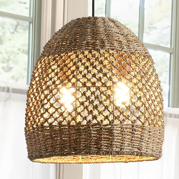 2-Light 13” Rattan Pendant Light, Boho Hand-Woven Light Fixtures, Natural Seagrass Wicker Rattan Hanging Chandelier for Farmhouse Kitche Dining Living Bedroom Foyer