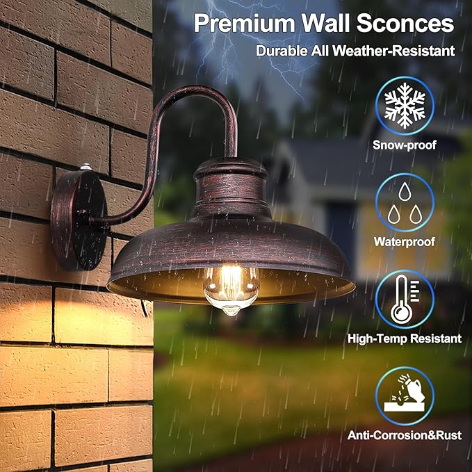 TOBUSA 2-Pack Dusk to Dawn Outdoor Wall Lights, Waterproof Farmhouse Gooseneck Barn Lights, 11.5'' Distressed Brown Outside Wall Sconces for House, Porch, Garage