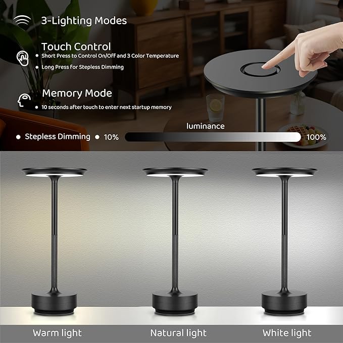 UdoUto 2-Pack Rechargeable Cordless Table Lamps – 5000mAh LED Touch Lamps with 3 Color Modes & Stepless Dimming – Metal Table Lights for Dining, Patio, Bedroom, Camping, Restaurant(Black)