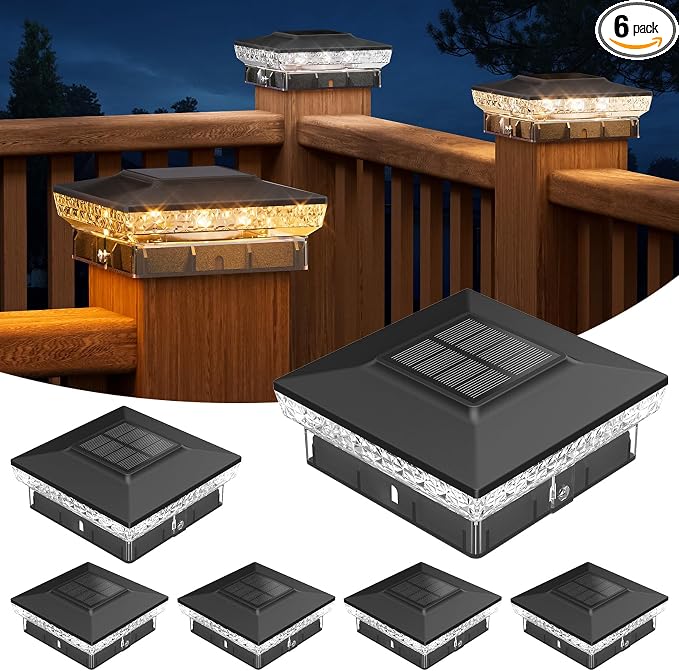 APONUO Solar Post Cap Lights for 4x4 Wood &Vinyl Posts, 3 Light Modes & 800mAh Battery, IP65 Waterproof Rugged Unibody, Solar Outdoor Lights for Fence, Deck & Patio (Black, 6 Pack)