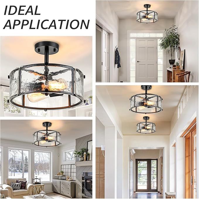 Black Semi Flush Mount Ceiling Light,12.8" Modern Small Dining Room Light Fixture, 2-Light Hammered Glass Farmhouse Ceiling Lights for Hallway Entryway Foyer Bedroom