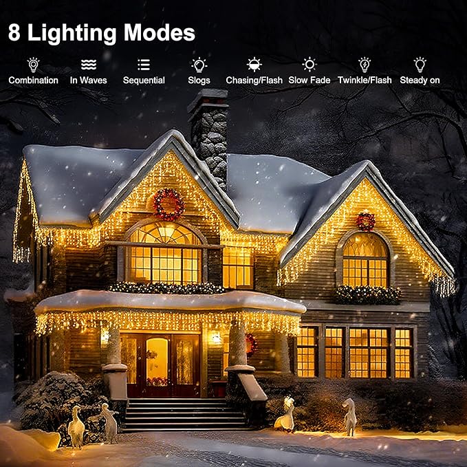 LED Icicle Lights for Outdoor Christmas Decorations,39.4Ft 400 LEDs Christmas Fairy Light with Timer&Memory Function,8 Lighting Modes,Plug in hanging Curtain Lights for Xmas Party Wedding(Warm White)