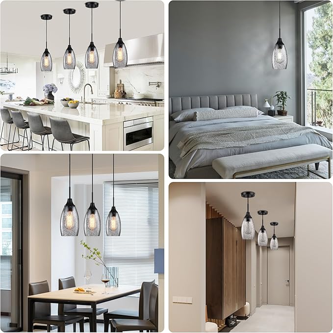 Viinew Mini Glass Pendant Light,4.72" Black Glass Hanging Light 3-Pack Handblown Clear Black Seeded Shade Adjustable Cord Ceiling Light Fixture for Kitchen Island Sink
