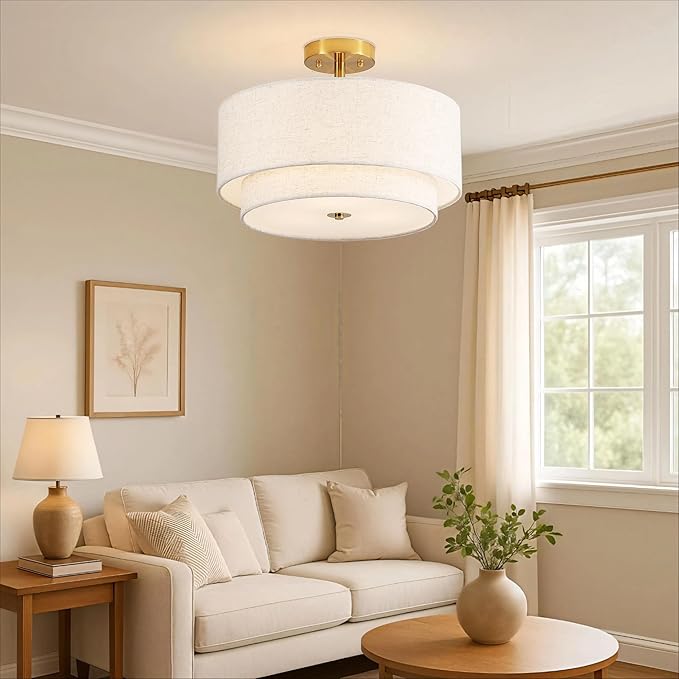 16" Semi Flush Mount Ceiling Light Fixture, 3-Light Black Flush Mount Ceiling Light with Double Drum Fabric Shades for Dining Room Bedroom Kitchen Hallway Living Room, E26 Socket