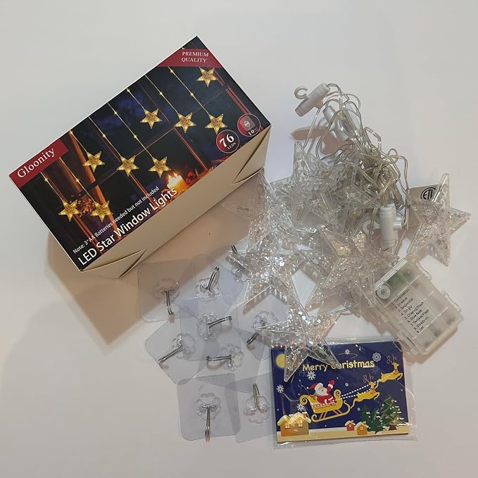 GLOONITY Fairy Lights for Festive Decoration, LED String Lights, IP65 Waterproof 9 Stars Curtain Lights Battery Operated with Timer 8 Mode, Warm White LED Lamps for Outdoor Use