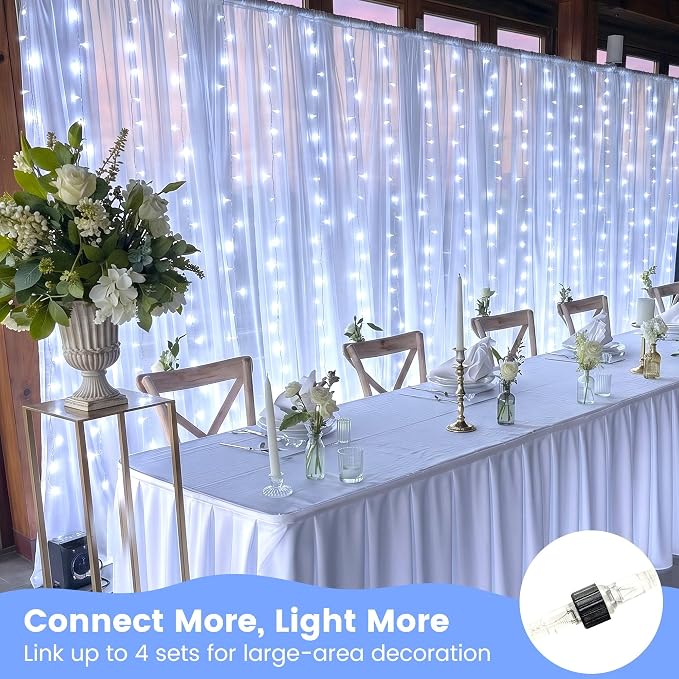 HEYFUNi 6.6ft x 6.6ft Warm White Curtain Lights Plug in - 200 LED Window String Lights with Remote, 8 Modes, Timer & Memory, Connectable Fairy Lights for Bedroom Wall Wedding Dorm Decor, White