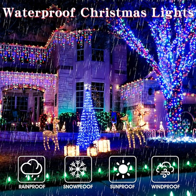 Christmas Icicle Lights Outdoor, 1008 LED 98.4 FT 8 Modes with Remote Control, Curtain Fairy String Lights for Christmas Decorations Holiday Wedding Party Eaves Window Yard Indoor (Multicolor)