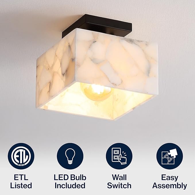 JONATHAN Y 8" White Marbling/Black Modern 1-Light Semi Flush Mount Ceiling Light for Bedroom, Cube White Alabaster Marble Shade, Mid-Century Minimalist Fixture, LED Bulb Included (JYL1203B)
