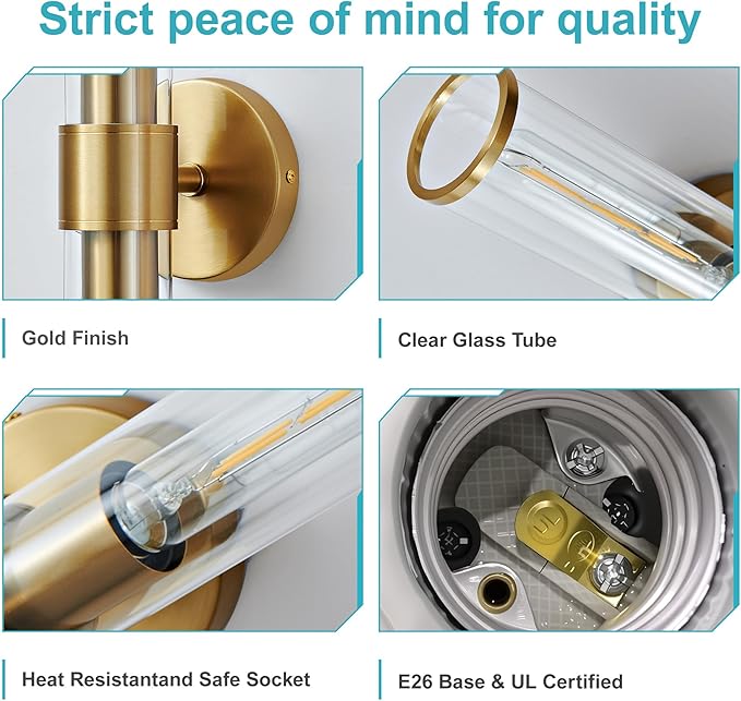 Gold Wall Sconce 2 Pack Hardwired, Bathroom Light Fixtures Clear Glass Featuring Two E26 sockets, Vanity Lights Fixtures for Bathroom, Dimmable - Bulb Not Included, UL Certification