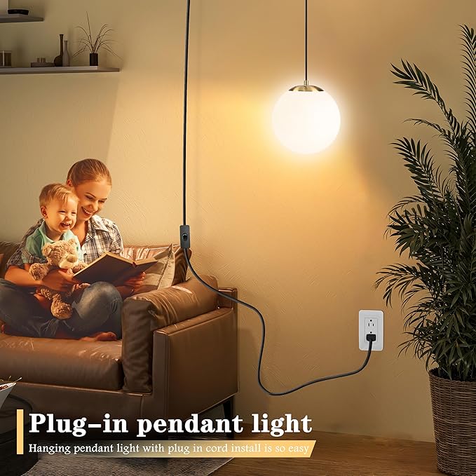KoKo&Yukina 8" Globe Pendant Light Gold Plug in Pendant Light Adjustable Hanging Lights with Plug in Cord Brushed Gold Finished with Milk Glass Lampshade for Bedroom Kitchen Island（Bulb Included）