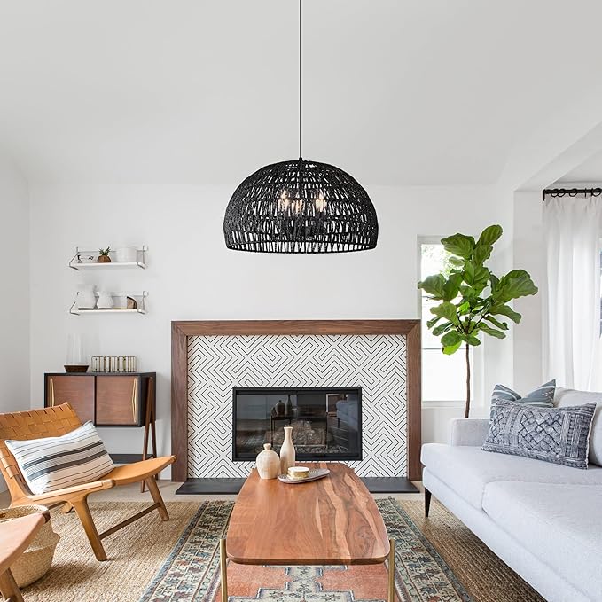 17.6” Black Woven Pendant Lights Boho Chandelier Light Fixture 3-Light Wicker Pendant Lights Rattan Light Pendant Dome Pendant Wicker Light Fixture for Dining Room Bedroom(Bulb Incl.