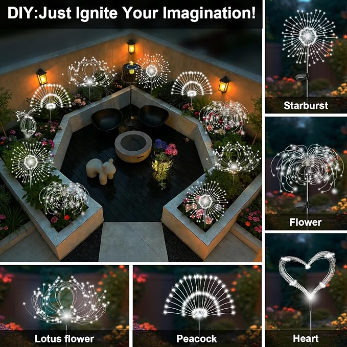 Solar Garden Lights Outdoor, 6 Pack 120 LED Twinkling Firework Lights Decorative with 2 Modes, Outdoor Waterproof Solar Starburst Light for Yard Pathway Planter Patio Decor, White