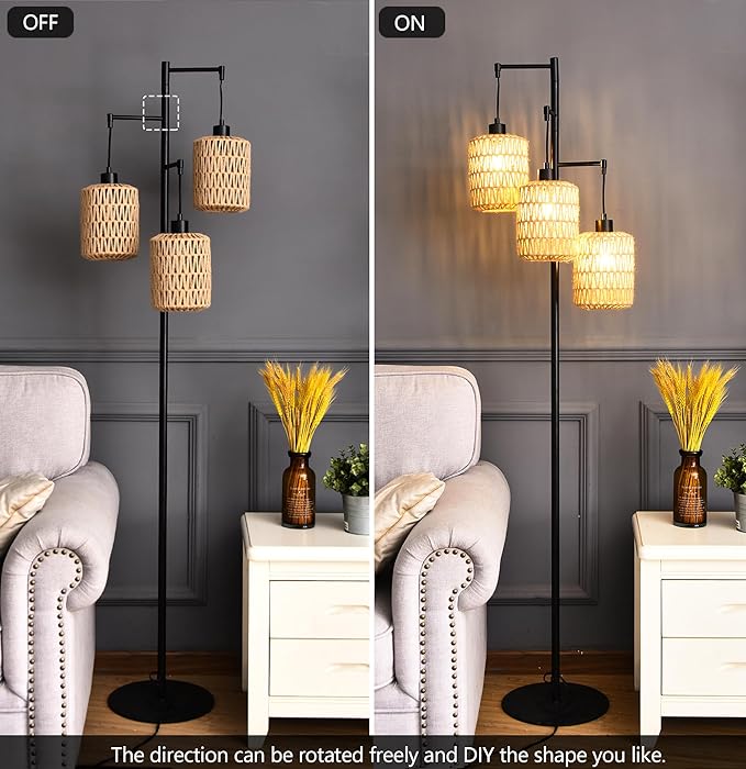 QIYIZM Floor Lamp for Living Room,Bedroom,3-Lights Boho Rattan Tree Floor Lights,Industrial Black Farmhouse Standing Lamp Wicker Rustic Tall Lamp,Woven Bamboo LampShade Floor Lamps Bohemian