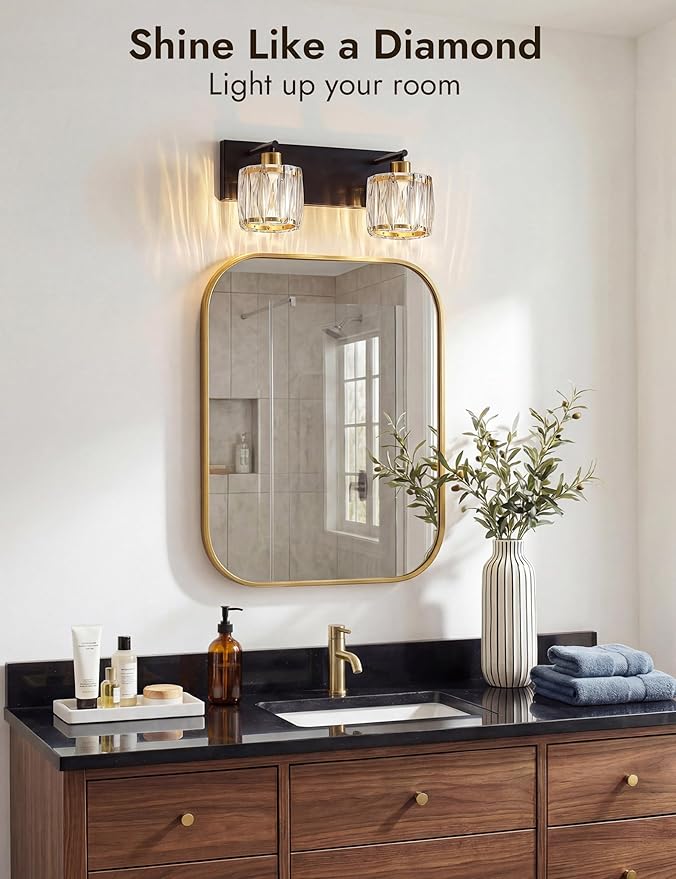 VOLISUN Crystal Vanity Lights for Bathrooms, 2 Light Bathroom Vanity Light, Black and Gold Bathroom Light Over Mirror, Modern Bathrooms Lights Fixtures-UL Certificated(Exclude Bulb)