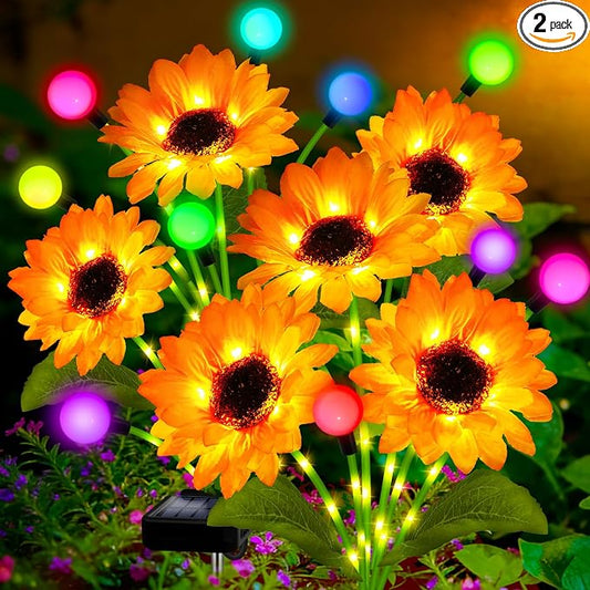 Solar Garden Lights-2 Pack Solar Sunflowers with Multicolor Changing Swaying Firefly Lights,Gifts for Mom Women Mothers Day Birthday,Waterproof Firefly Sunflower Light for Outdoor Patio Yard Decor