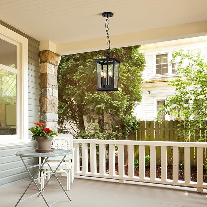 Outdoor Pendant Lights for Porch, 16" 4-Light Large Outdoor Chandelier with Clear Glass, Black Modern Exterior Hanging Porch Light with Long Chain for Gazebo Foyer, OS-OD2601-4HL