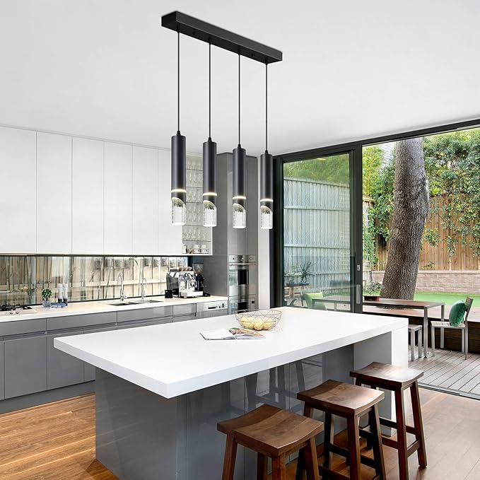 Modern LED Pendant Lighting Fixture 48-Watt 4 Light Black Kitchen Island Chandelier Dimmable Kitchen Light Fixtures Perfect for Dining Room Hanging Island Lighting Crystal Bubble Pendant Lights