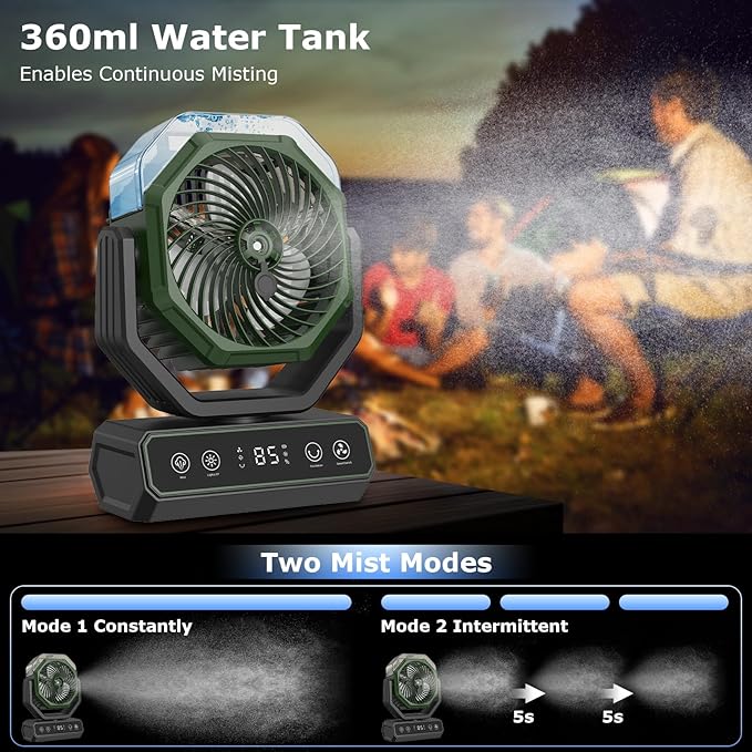 V JULES.V Portable Fan for Bedroom,40000mAh Rechargeable Desk Fan with Smart APP Remote Control,Misting Fan with RGB Lights,Timer,5 Speed Camping Fan for Travel,Tents,Beach,Office,Outdoor-Army Green
