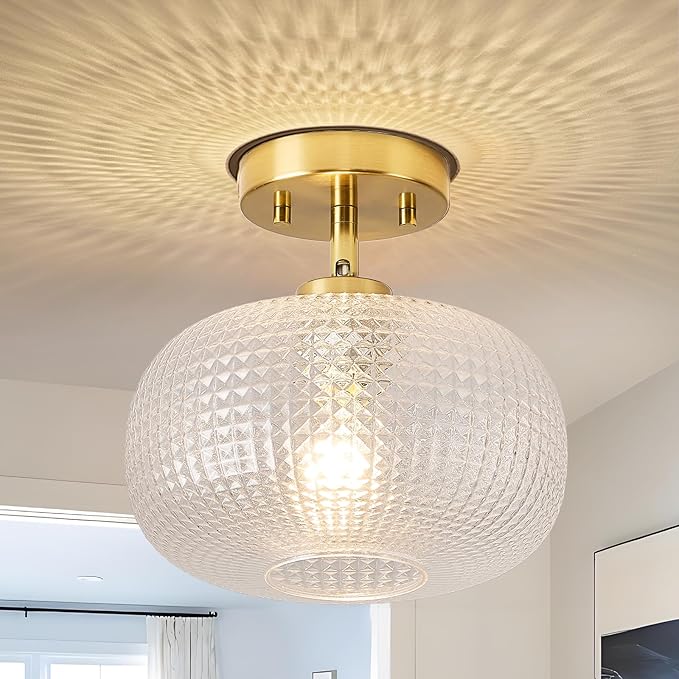 Modern Prismatic Globe Ceiling Light,Vintage Glass Flush Mount Light Fixture with Brass Gold Base Hallway Ceiling Lighting for Bedroom,Foyer,Kitchen,Laundry Room,Entryway,9.84 Inch,E26 1-Light