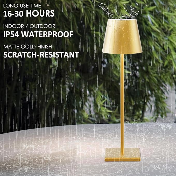 2-Pack LED Cordless Table Lamp 3W 5000mAh Rechargeable Battery Operated Stepless Dimmable Portable Lamp for Restaurant, Bedroom, Outdoor (Gold)