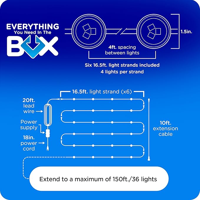Enbrighten Vibe Eternity Accent Permanent Outdoor Lights for House, 100ft, 24 RGBWIC LEDs, Wide Spacing, 94lm, Tunable White, Everyday Eave Lighting, Smart App, Works with Alexa, Google Home, 85713
