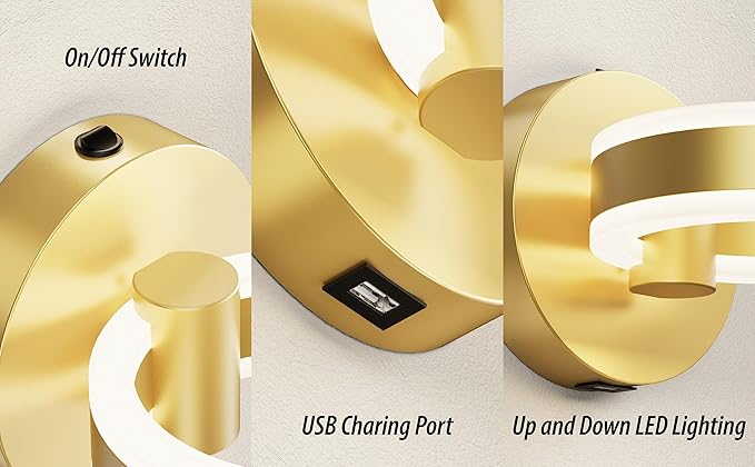 LED Wall Sconces with ON/Off Switch, Gold Rotatable Hardwired Wall Light Fixtures, Built in USB Charging Port, Modern Wall Decor for Bed Lighting.