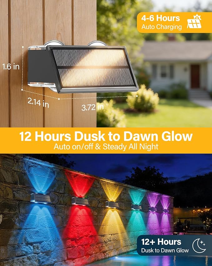 Solar Fence Lights Outdoor, 100LM Fence Lights Solar Powered, 9 Color Modes, Up and Down LED Focused Beam, 12H Dusk to Dawn Glow for Pool/Patio/Wall/Backyard - 2 Pack, Matte Black