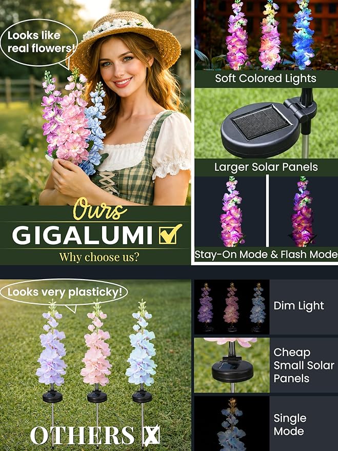 GIGALUMI Solar Lights Outdoor for Garden Decor, 3 Pack Solar Flower Lights Waterproof, 2 Lighting Modes Delphinium for Pathway,Yard, Patio, 4th of July Decoration, Gifts for Women (Multi-Colored)