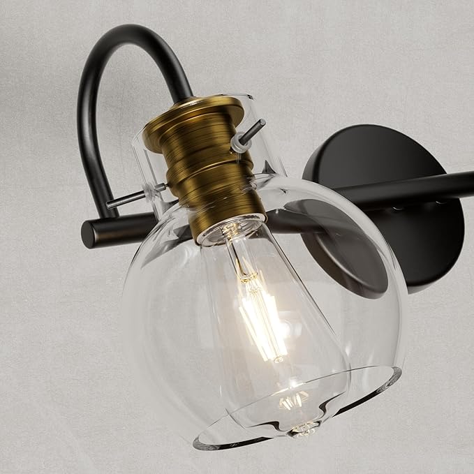 3 Light Bathroom Vanity Light, Brushed Gold and Black Vanity Lighting Fixtures, Bathroom Wall Mounted Sconces Vanity Lights Over Mirror with Globel Glass Shade, E26 Base