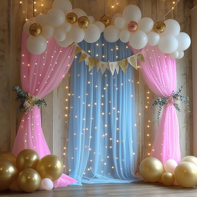 10x10ft Baby Blue Tulle Backdrop Curtain with Lights String Sheer Drapes for Baby Shower Decorations for Boy, Bridal Shower, Photo Booth, Birthday Party Decor(2 Panels)