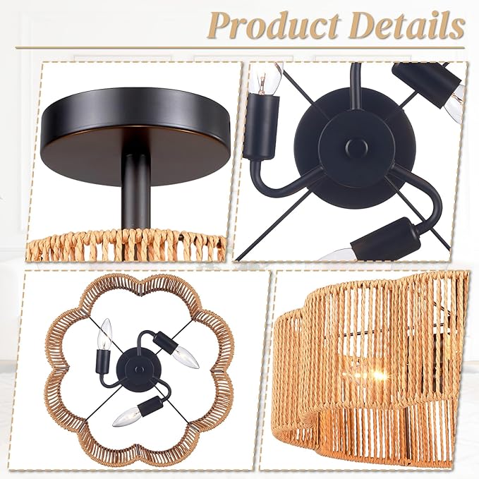 Hamilyeah 16 Inch Boho Semi Flush Mount Ceiling Light, Woven Scalloped Shade Ceiling Fixture with 3-Light E12 Base, Black Decorative Ceiling Light for Bedroom, Entryway, Kitchen, Hallway
