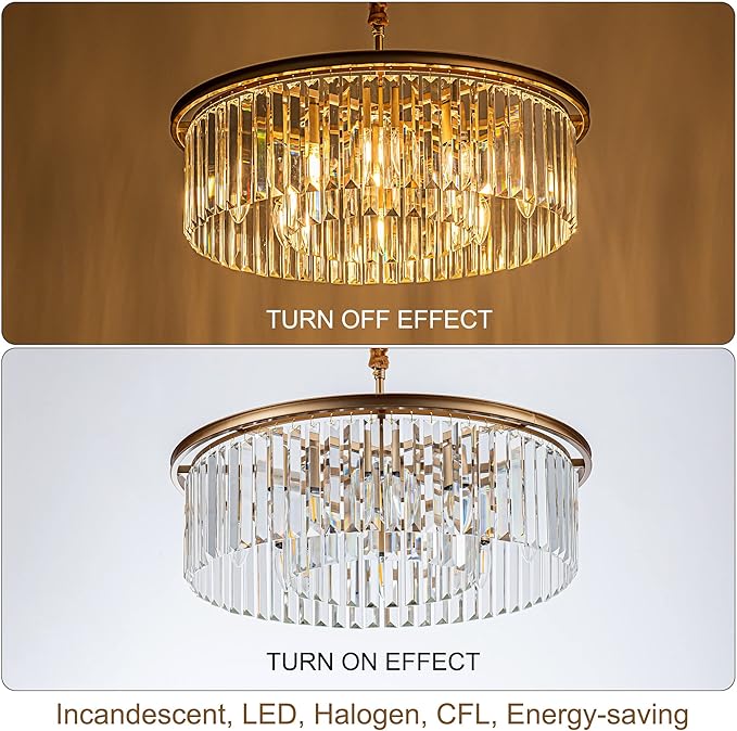23" Gold Crystal Chandelier 8-Light Modern Crystal Pendant Ceiling Light 2-Rings Luxury Chandeliers,for Dining Room Kitchen Island Living Room Bedroom