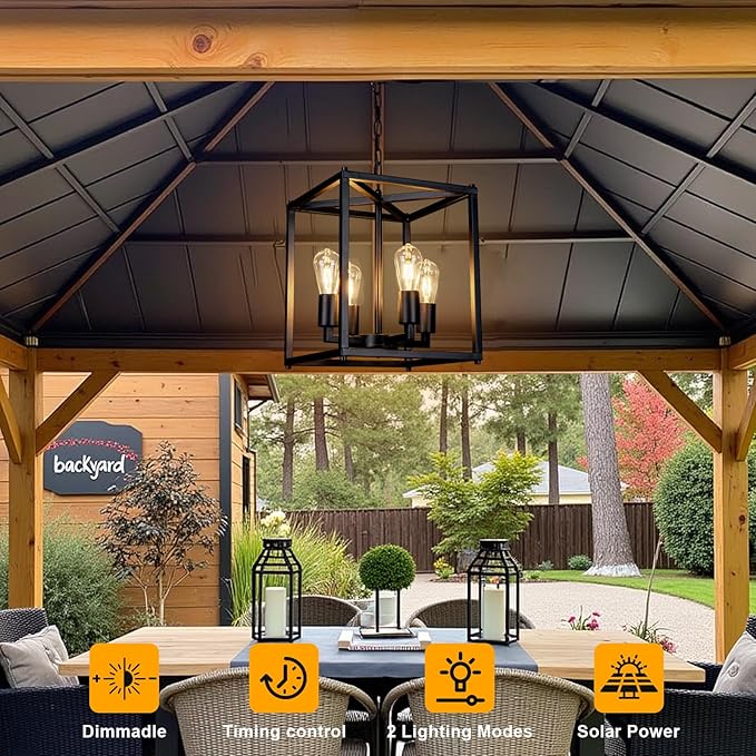 Solar Chandelier Outdoor, 14" Farmhouse Waterproof Dimmable Hanging Pendant Lights for Gazebo, Pergola, Canopy Decor